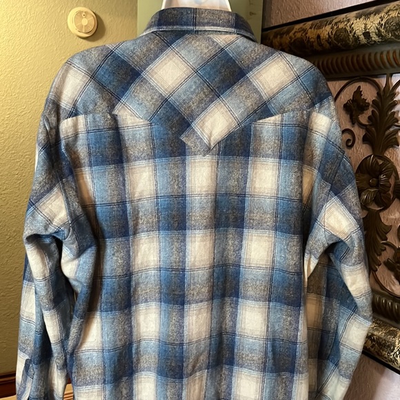 VTG Wool Blue Plaid Open Range Western Pearlized Snap Shirt-Essential Ez 17.5/35 - Picture 8 of 13